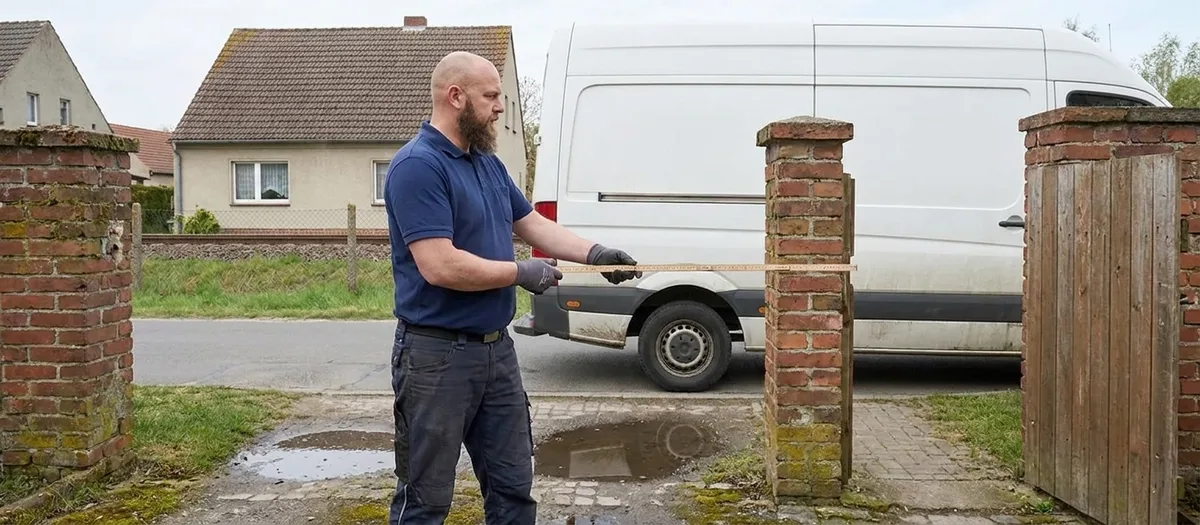 Ein Umzugshelfer misst mit dem Zollstock die Breite einer Toreinfahrt, der Umzugswagen wartet quer in der Dorfstraße.