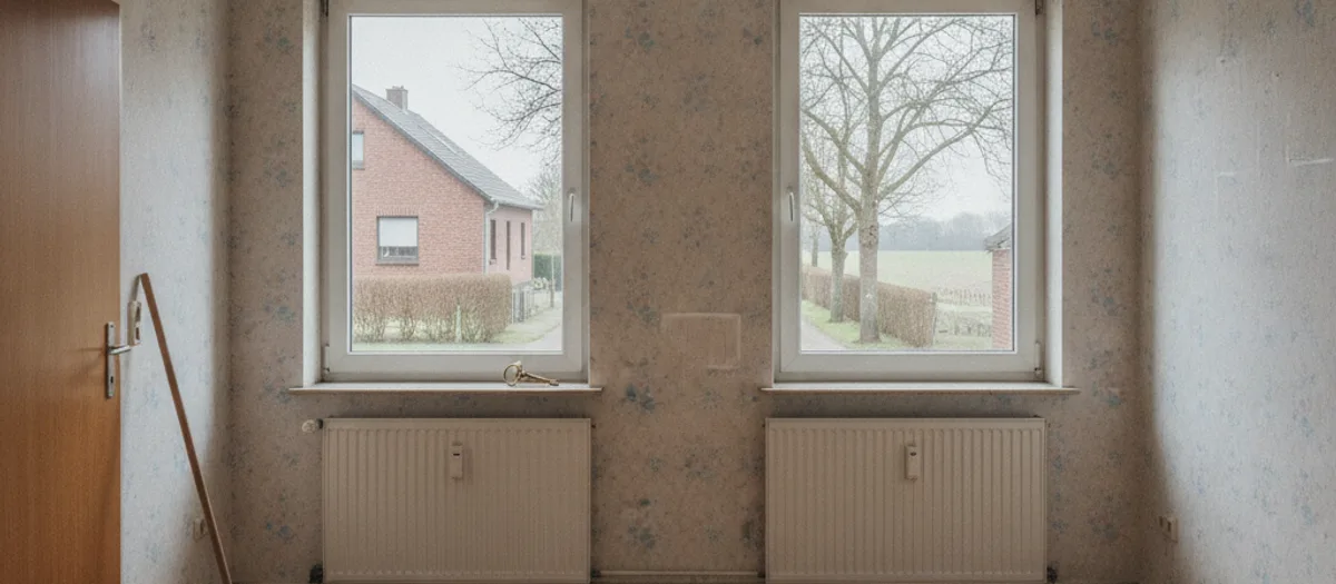Leerer Raum eines Dorfhauses mit zwei Fenstern, Heizkörpern, Besen an der Wand und einem Schlüsselbund auf der Fensterbank.