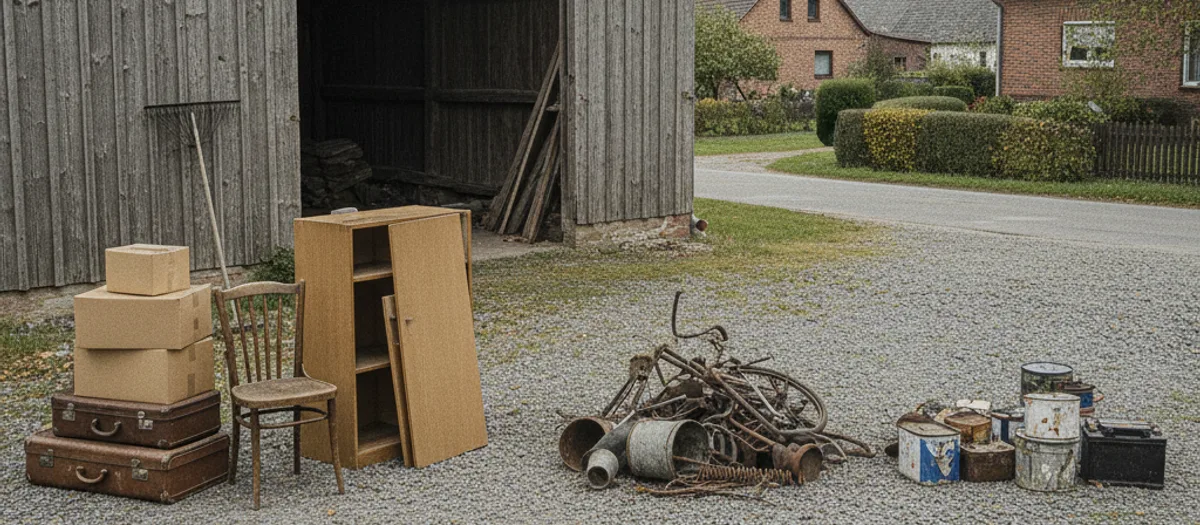 Vor einem Bretterschuppen liegt der geräumte Hausrat in vier getrennten Gruppen: Kartons, Möbel, Altmetall und Farbreste.