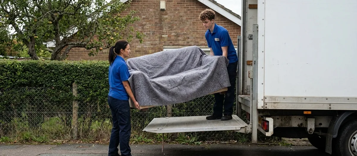 Zwei Umzugshelfer setzen ein in eine Decke gepacktes Sofa auf die Ladeklappe des Umzugswagens.