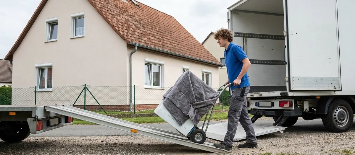 Ein Umzugshelfer schiebt eine in eine Decke gepackte Waschmaschine auf der Sackkarre über die Rampe in den Umzugswagen.