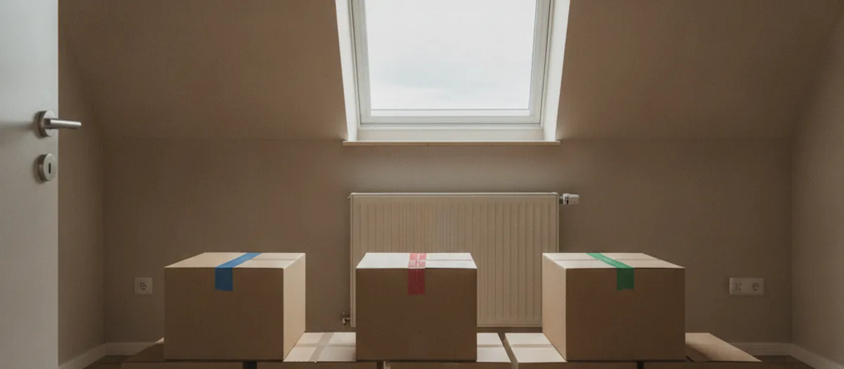 Drei Kartonstapel unter der Dachschräge, jeder Stapel mit einer anderen Farbe Klebeband markiert.