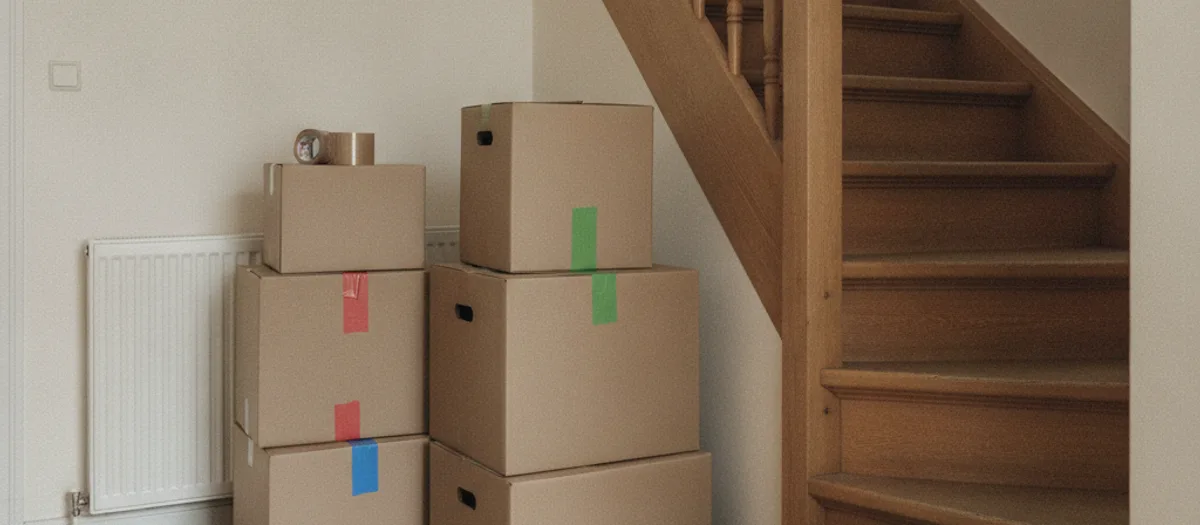 Kartons mit farbigem Klebeband stehen im Flur eines Hauses am Fuß der Treppe.