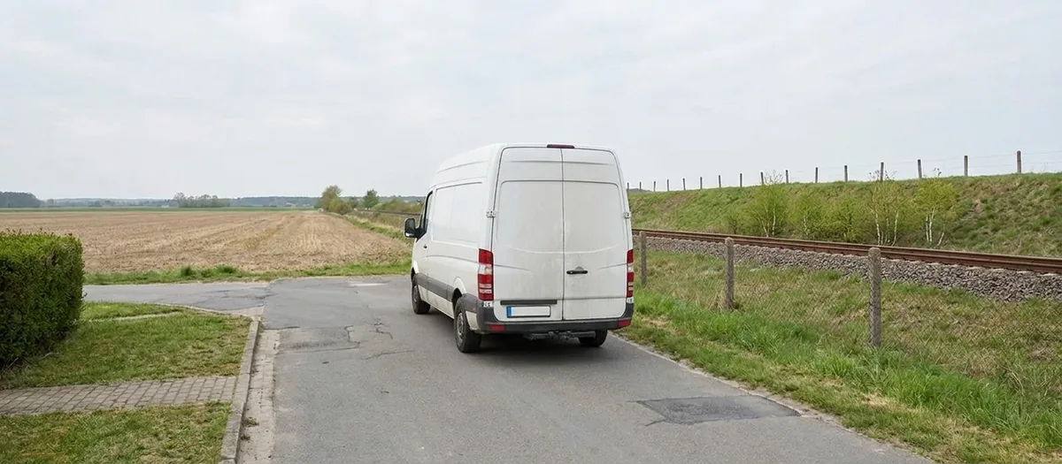 Der beladene Umzugswagen verlässt den Ort auf der Straße neben dem Bahndamm.