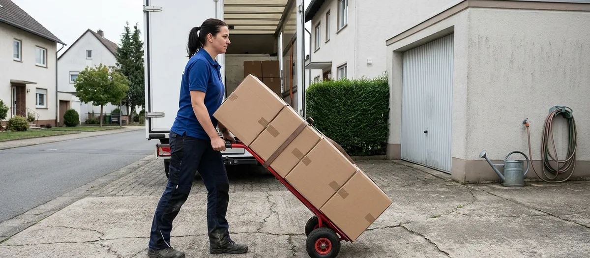 Eine Umzugshelferin zieht eine mit Kartons beladene Sackkarre über die Betoneinfahrt zum Umzugswagen.
