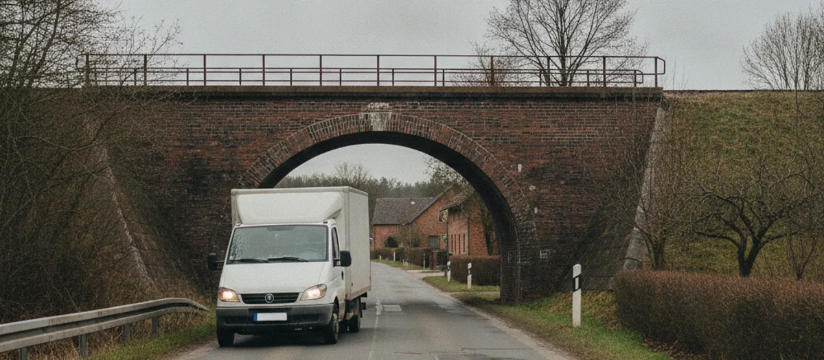 Der Umzugswagen fährt unter der alten Backsteinbrücke der Bahnstrecke hindurch aus dem Dorf.