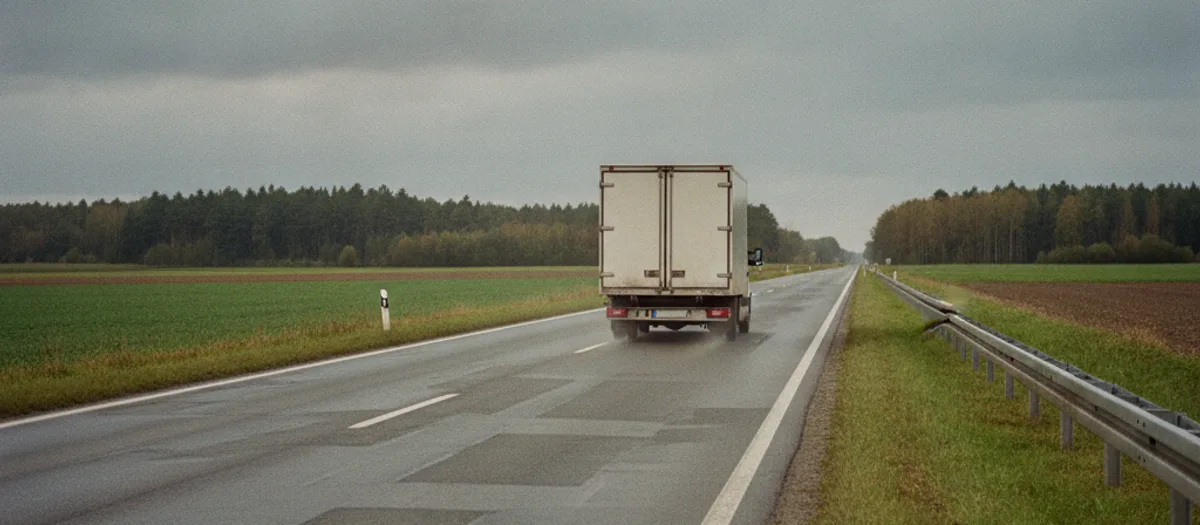 Der Umzugswagen auf regennasser Bundesstraße zwischen Feldern, unterwegs auf der Fernstrecke.