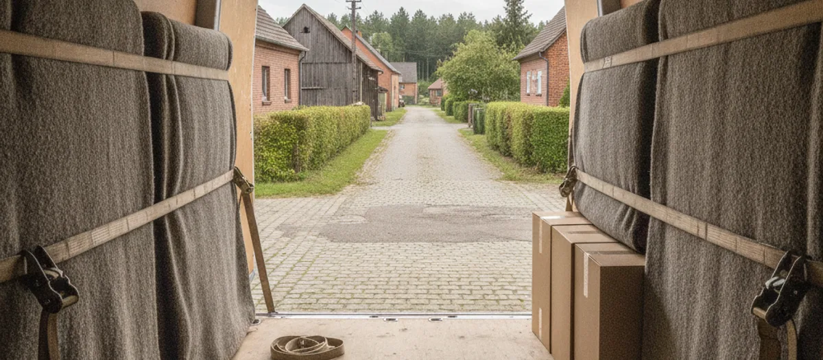 Blick aus dem Laderaum: links und rechts stehen mit Gurten gesicherte Möbel und Kartons, dahinter liegt die Dorfstraße.
