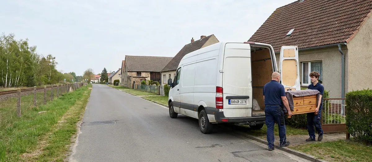 Umzugswagen mit offener Ladeklappe an einer Dorfstraße in Melchow, zwei Umzugshelfer tragen eine Kommode zum Wagen, links läuft der Bahndamm entlang.