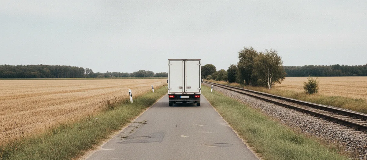 Der Umzugswagen fährt auf einer Landstraße neben der Bahnstrecke durch die Felder des Barnim.