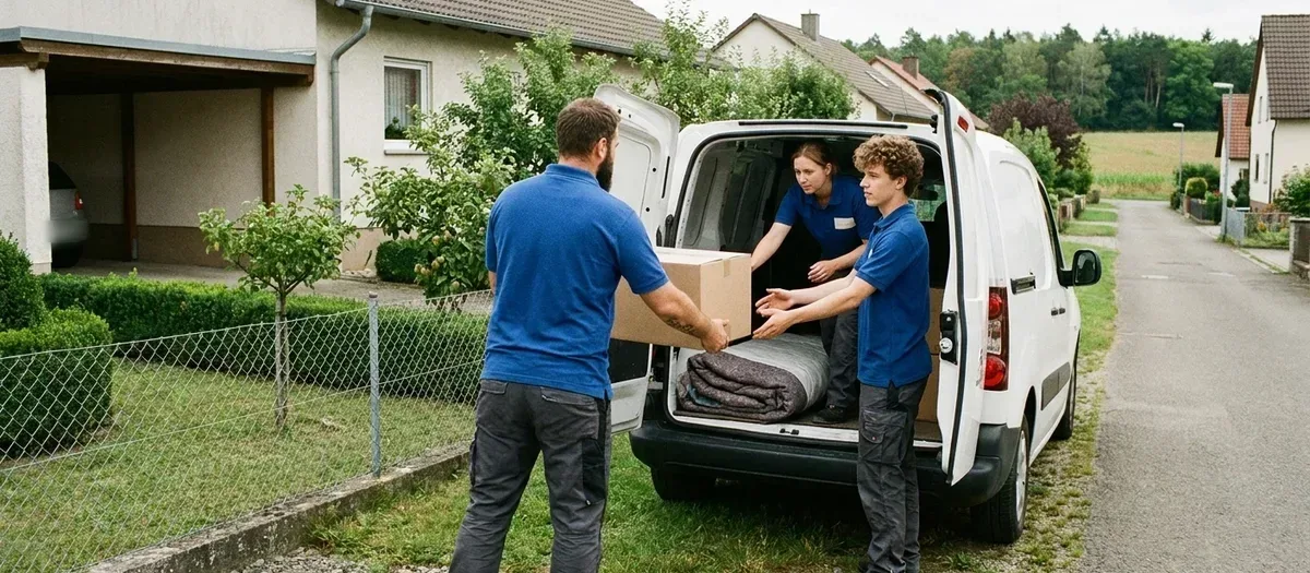 Drei Umzugshelfer reichen Kartons und eine Matratze in einen gemieteten Transporter vor einem Bungalow.