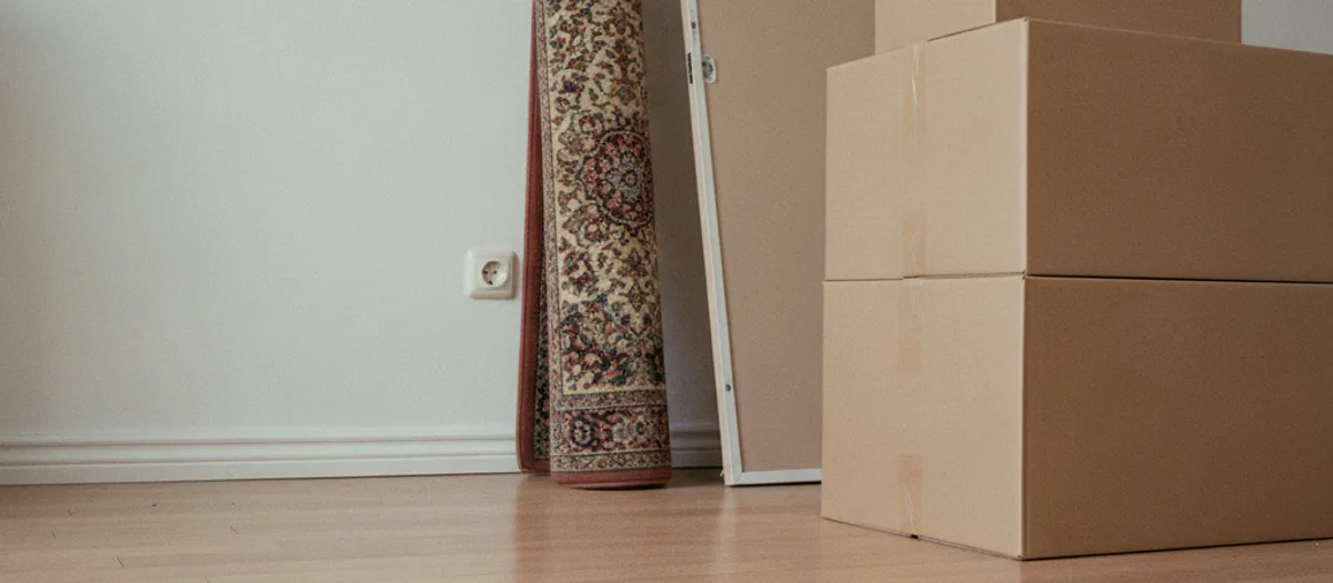 Halb geräumtes Zimmer mit gestapelten Kartons, aufgerolltem Teppich und den Seitenteilen eines zerlegten Schranks.