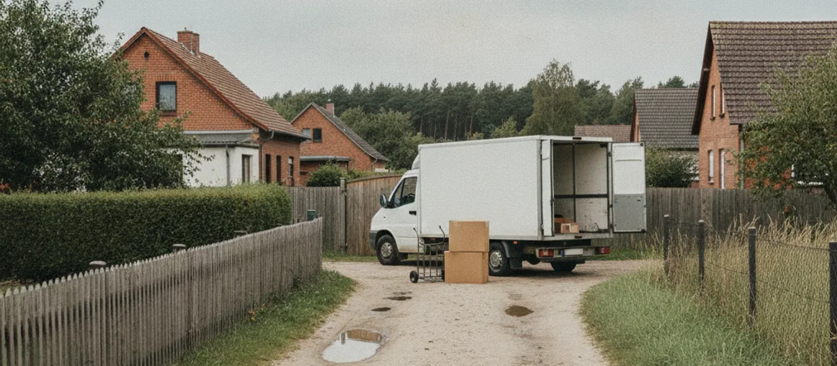 Der Umzugswagen steht mit offener Seitentür auf einem sandigen Dorfweg zwischen Hecke und Lattenzaun, daneben Kartons und eine Sackkarre.