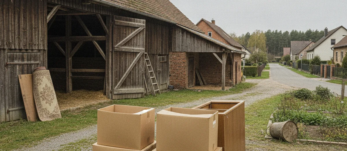 Alte Hofanlage mit offener Bretterscheune, davor stehen Kartons, ein aufgerollter Teppich und eine Leiter für die Räumung bereit.