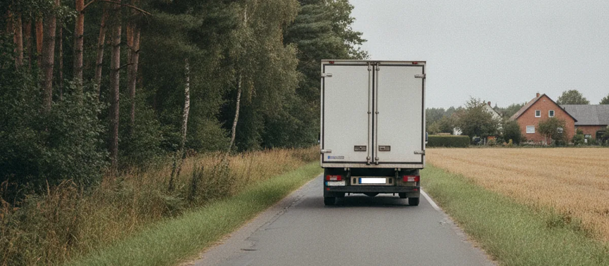 Der Umzugswagen fährt auf einer schmalen Landstraße am Waldrand aus dem Dorf hinaus.