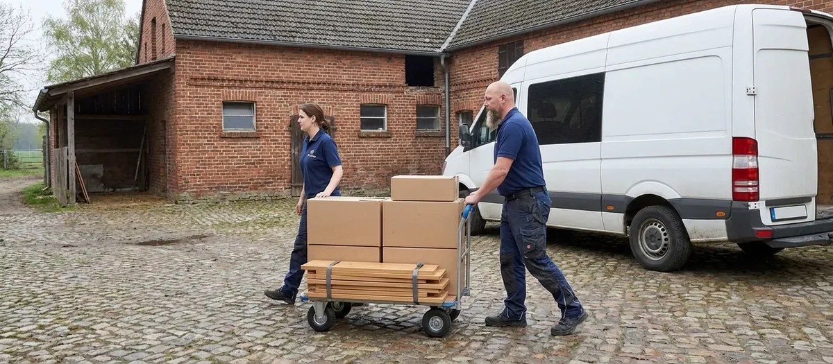 Zwei Umzugshelfer schieben einen Plattenwagen mit Kartons und gebündelten Regalteilen über einen Kopfsteinhof vor einem Backsteinstall.